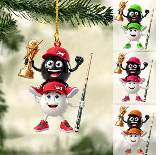 Personalized Billiards Christmas Ornament, 8 Ball And Cue Ball Piggyback Trophy Mascot, Custom Ornament Christmas Gift, Keychain Billiards, Car Ornament Billiards