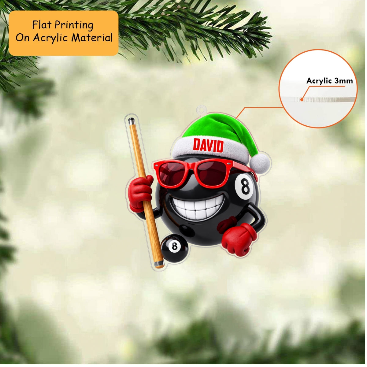 Personalized Billiards Christmas Ornament, Cool 8 Ball With Sunglasses And Cue, Custom Ornament Christmas Gift, Keychain Billiards, Car Ornament Billiards