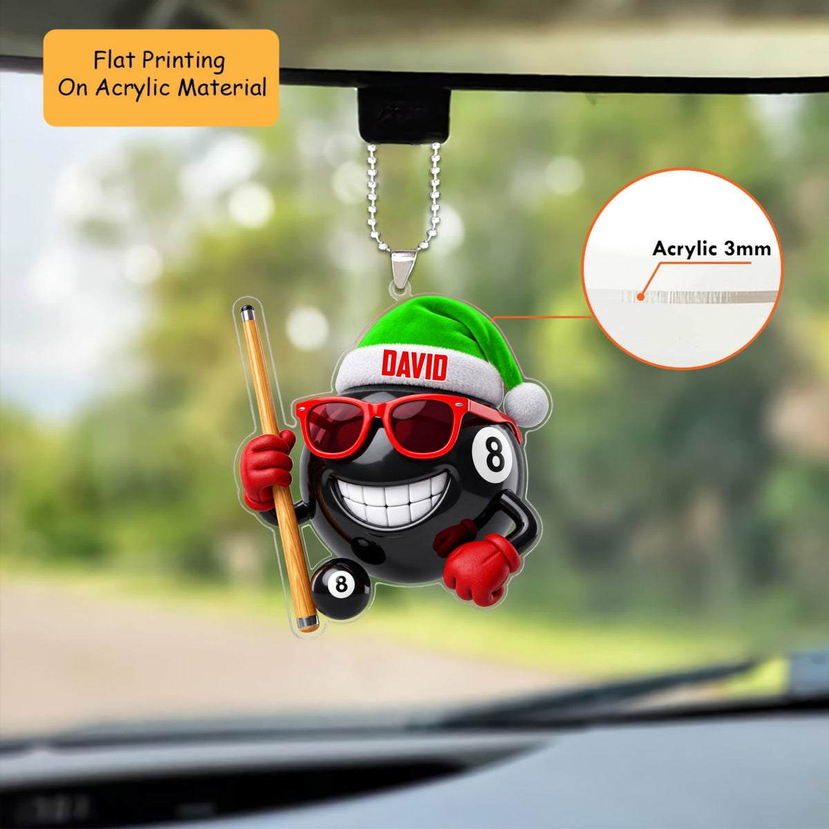 Personalized Billiards Christmas Ornament, Cool 8 Ball With Sunglasses And Cue, Custom Ornament Christmas Gift, Keychain Billiards, Car Ornament Billiards