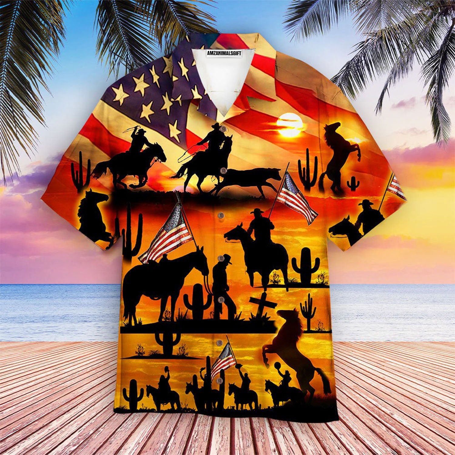 Horse Racing Hawaiian Shirt - Kentucky Derby Cowboy American Flag Hawaiian Shirt - Perfect Gift For Men, Horse Lovers, Horse Racing Lover