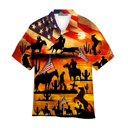Horse Racing Hawaiian Shirt - Kentucky Derby Cowboy American Flag Hawaiian Shirt - Perfect Gift For Men, Horse Lovers, Horse Racing Lover