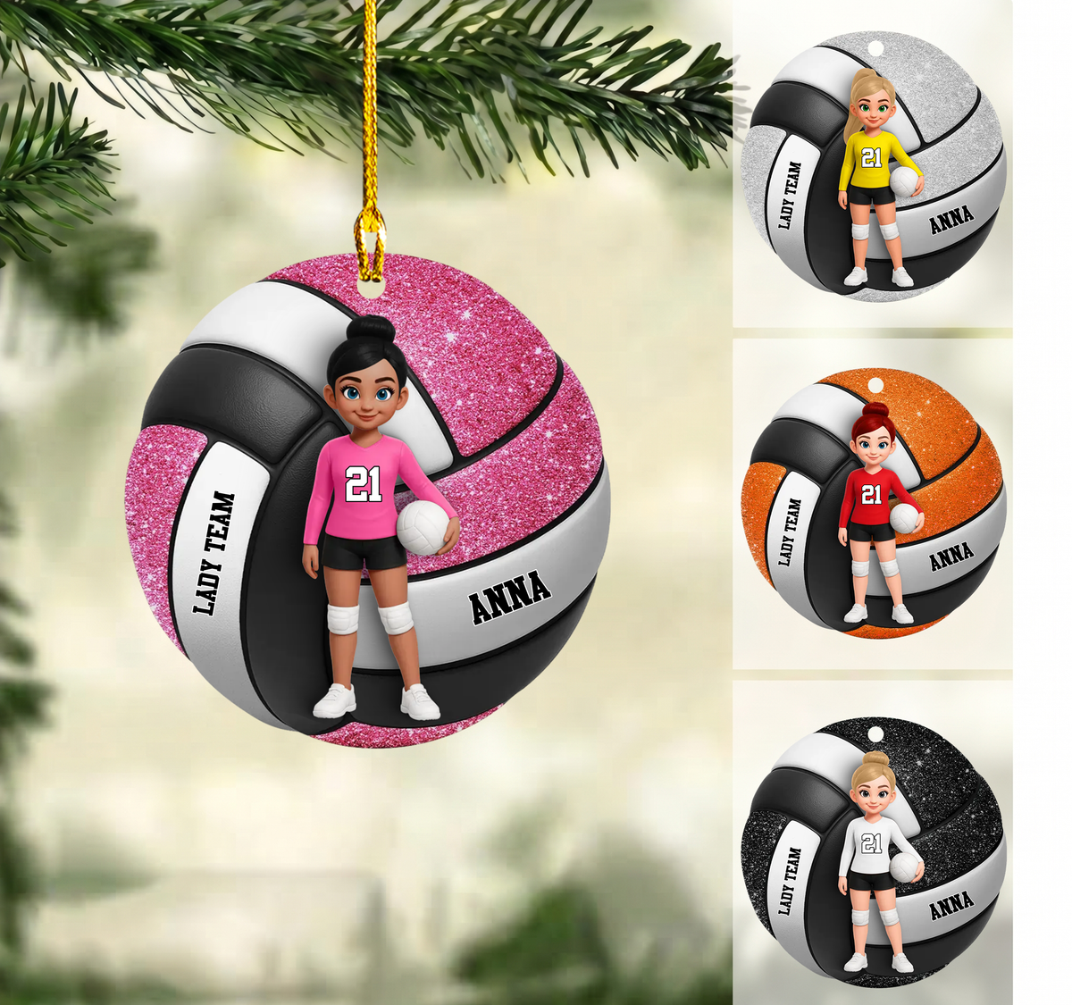 Personalized Girl Volleyball Christmas Ornament, Female Player On Glitter Volleyball Background, Custom Ornament Christmas Gift, Keychain Volleyball, Car Ornament Volleyball