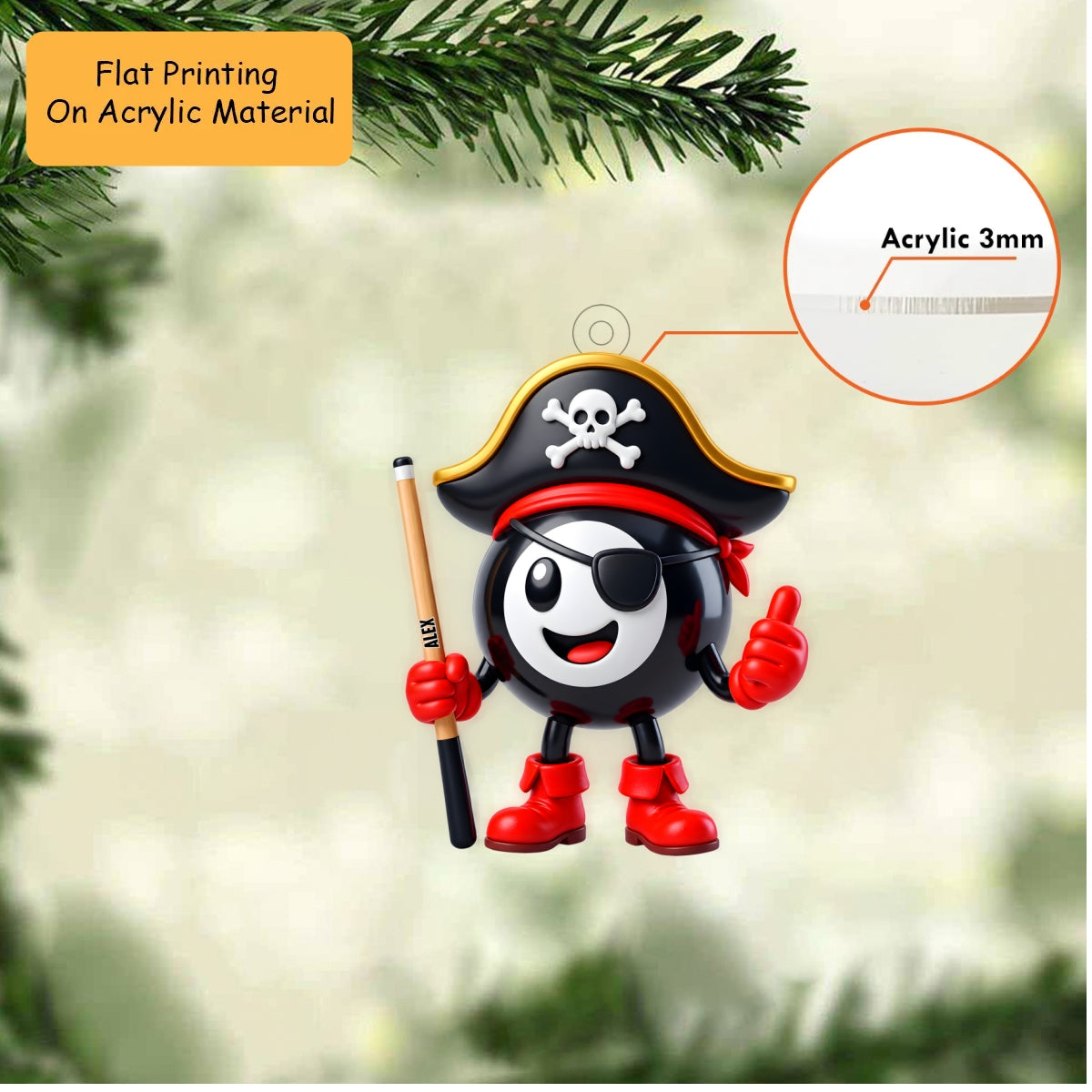 Personalized Billiards Christmas Ornament, Pirate 8 Ball Mascot Holding Cue, Custom Ornament Christmas Gift, Keychain Billiards, Car Ornament Billiards