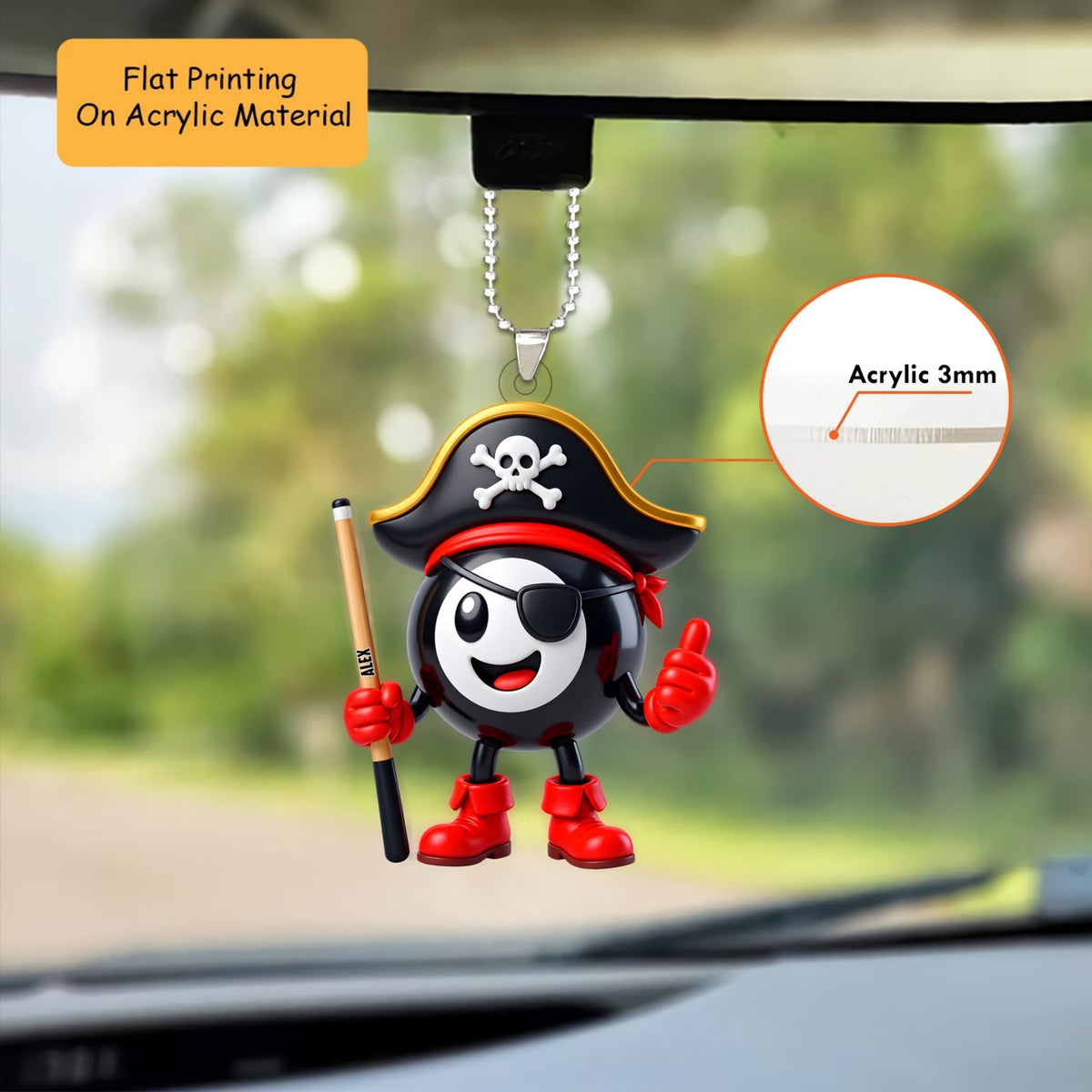 Personalized Billiards Christmas Ornament, Pirate 8 Ball Mascot Holding Cue, Custom Ornament Christmas Gift, Keychain Billiards, Car Ornament Billiards