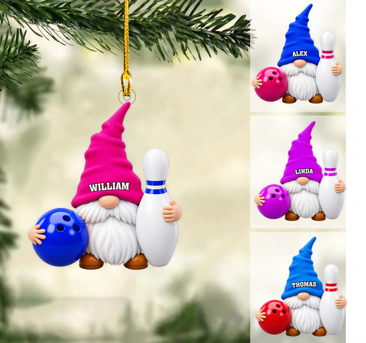 Personalized Bowling Christmas Ornament, Cute Gnome Holding Ball And Pin, Custom Ornament Christmas Gift, Keychain Bowling, Car Ornament Bowling