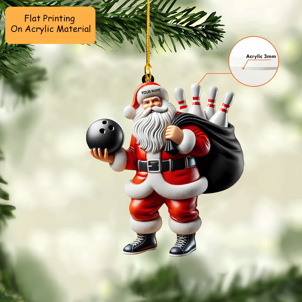 Personalized Bowling Santa Acrylic Ornament, Bowling Christmas Keychain, Car Ornament, Christmas Ornament Gifts