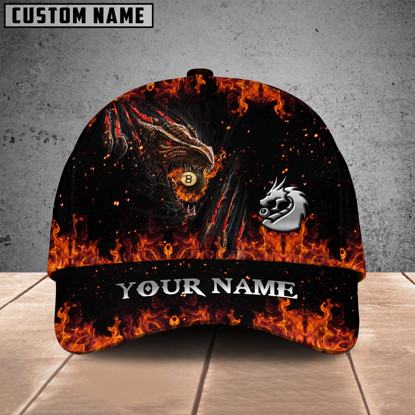 Customized Billiard Cap, Billiard Pool Ball 8 Fire Dragon Personalized Name 3D Hats, Best Billiard Pool Hat For Billiard Players