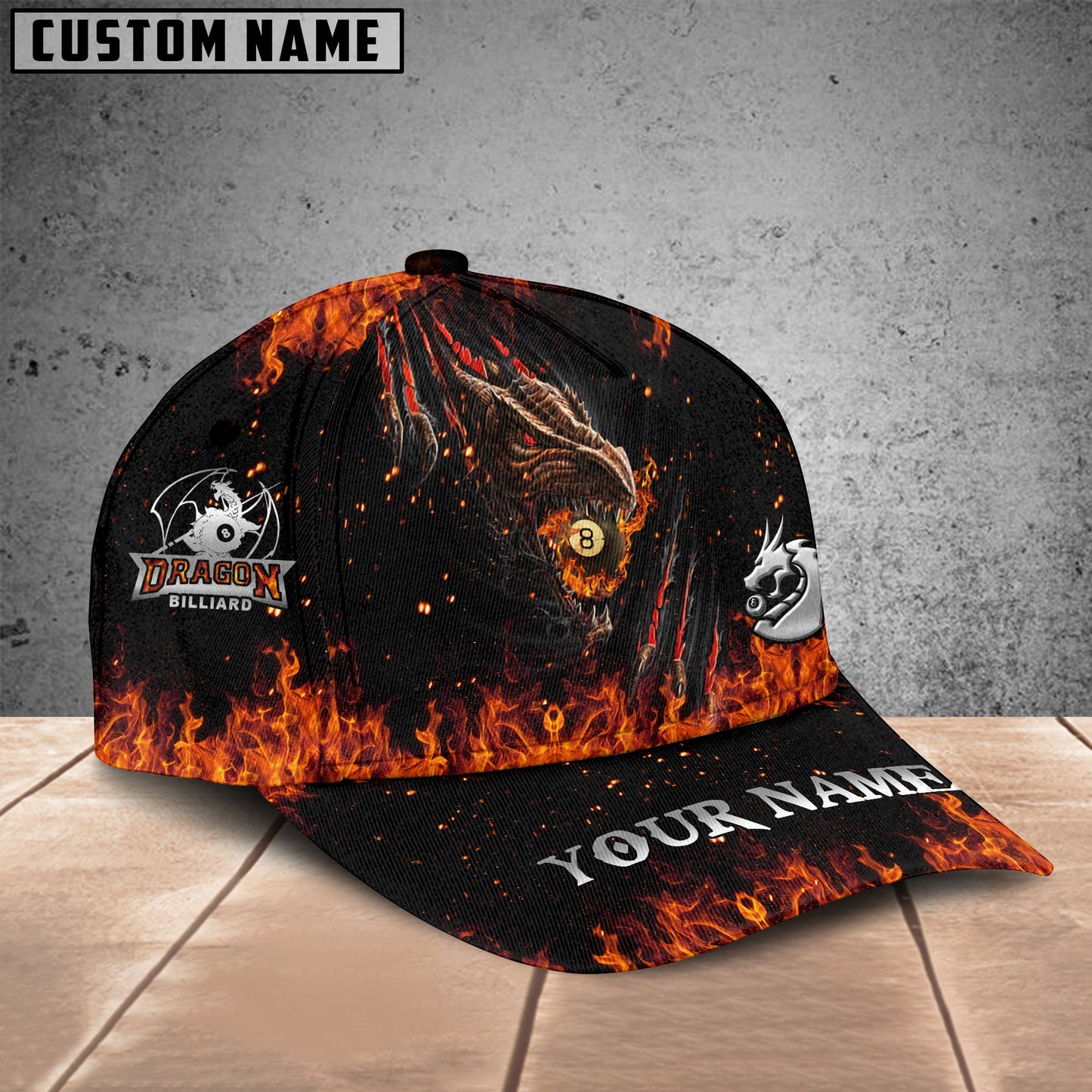 Customized Billiard Cap, Billiard Pool Ball 8 Fire Dragon Personalized Name 3D Hats, Best Billiard Pool Hat For Billiard Players