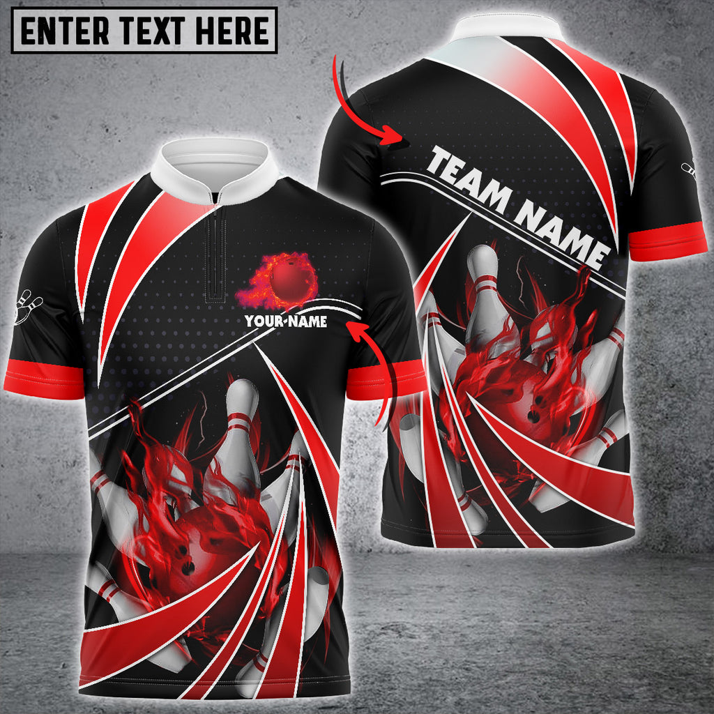 Customized Bowling Team Jersey, Bowling Ball & Pins Fire Light Sport Quarter-Zip Jersey Shirt Multicolor Option For Bowlers
