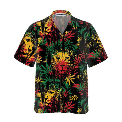 Lion Hawaiian Shirt, Lion Head With Cannabis Marijuana Leaves Aloha Shirt For Men - Perfect Gift For Lion Lover, Husband, Boyfriend, Friend, Family