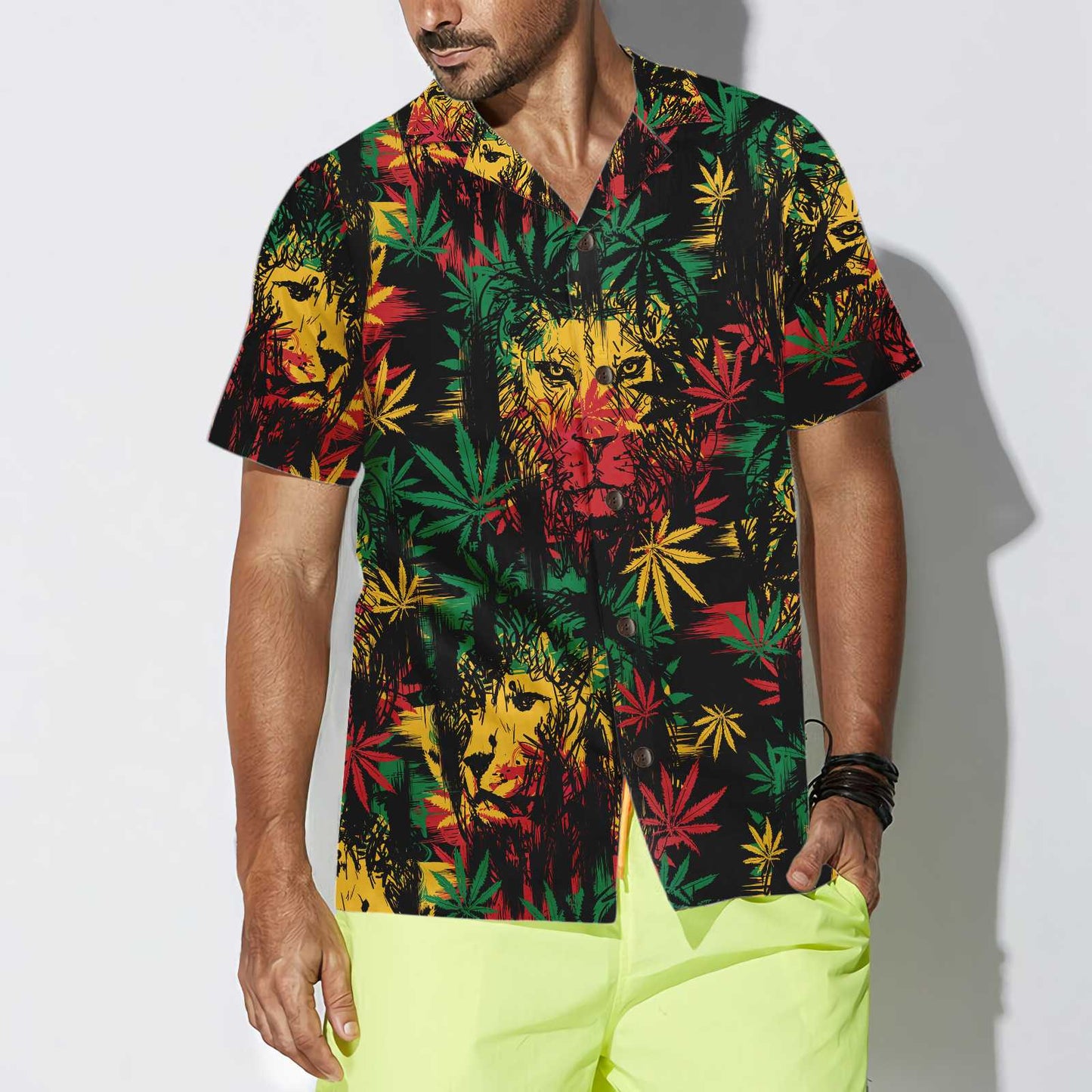Lion Hawaiian Shirt, Lion Head With Cannabis Marijuana Leaves Aloha Shirt For Men - Perfect Gift For Lion Lover, Husband, Boyfriend, Friend, Family