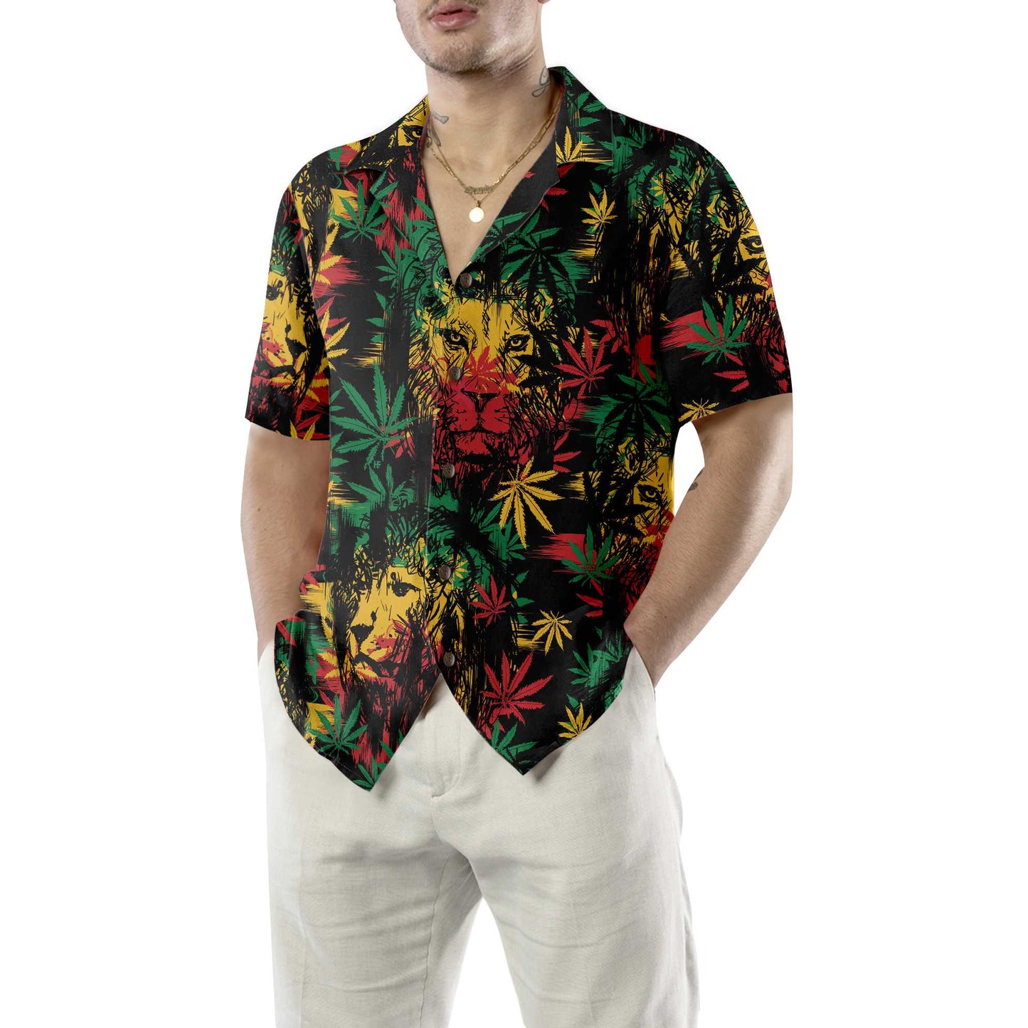 Lion Hawaiian Shirt, Lion Head With Cannabis Marijuana Leaves Aloha Shirt For Men - Perfect Gift For Lion Lover, Husband, Boyfriend, Friend, Family