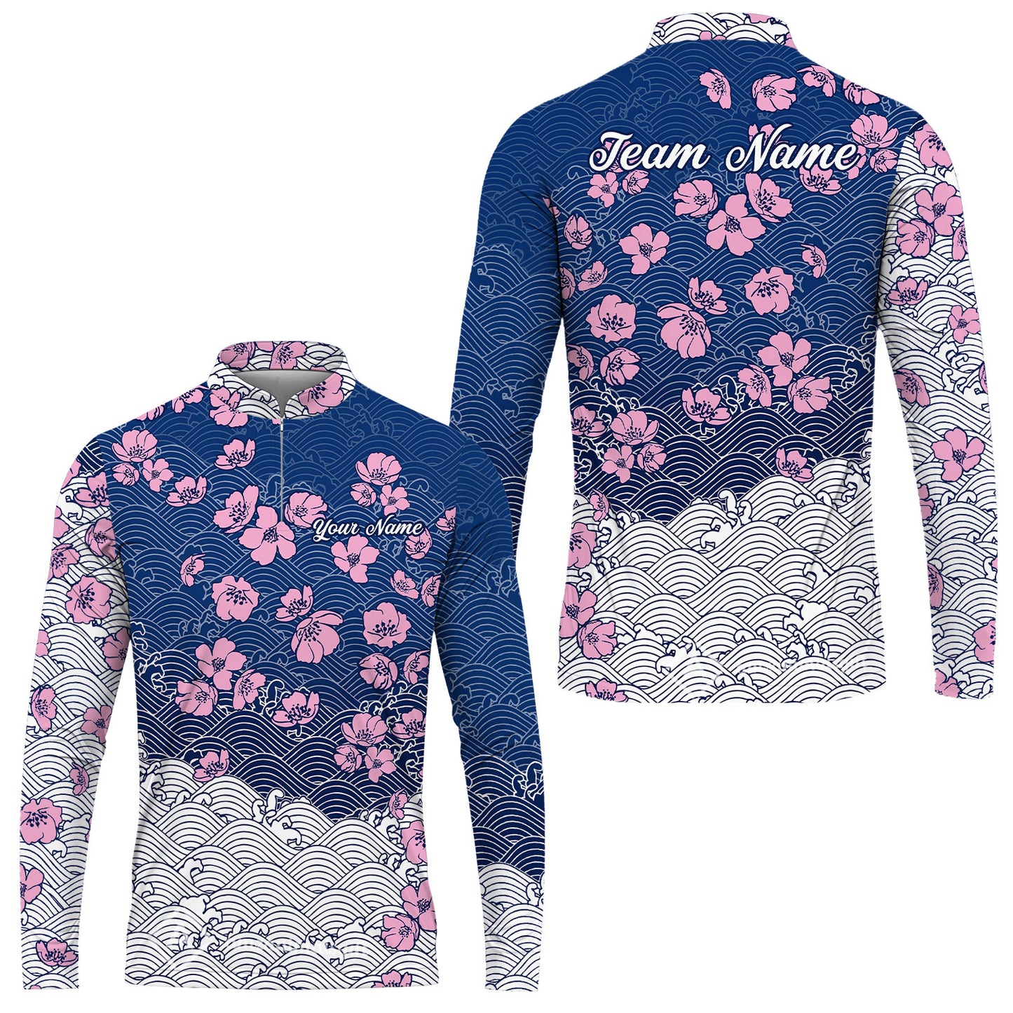 Customized Bowling Quarter-Zip Jersey Polo Shirts, Flowers Cherry Blossom Bowling Shirt For Tournament Team Men Women Bowlers