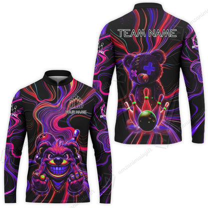 Customized Bowling Unisex Polo Shirt, Crazy Neon Bear Bowling Strike, Bowling Uniform - Personalized Name And Team Name