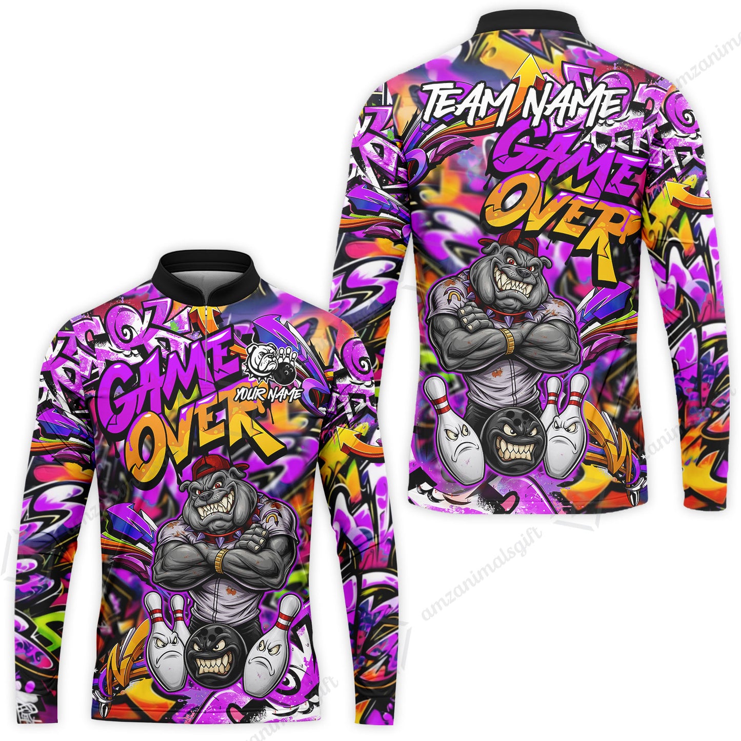 Customized Bowling Unisex Polo Shirt, Cool BullDog With Angry Bowling Game Over - Personalized Name And Team Name