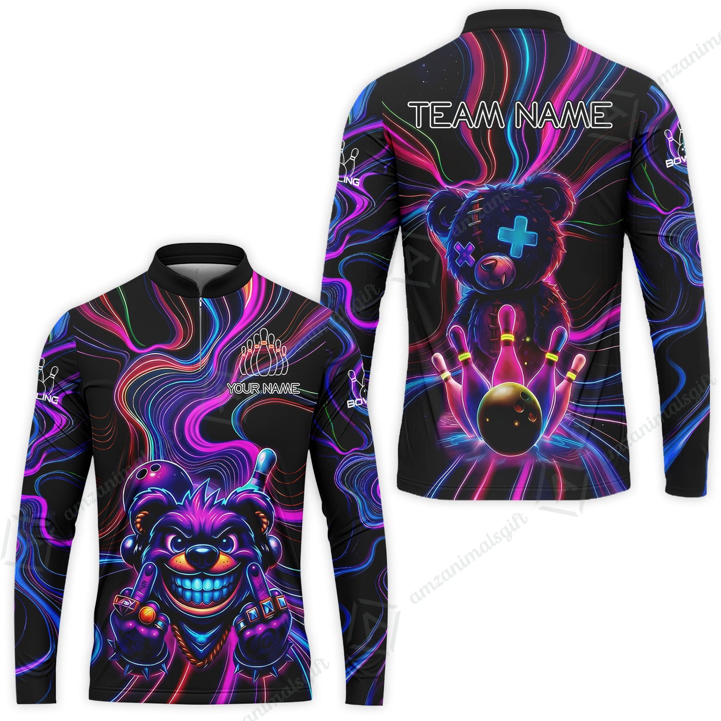 Customized Bowling Unisex Polo Shirt, Crazy Neon Bear Bowling Strike, Bowling Uniform - Personalized Name And Team Name