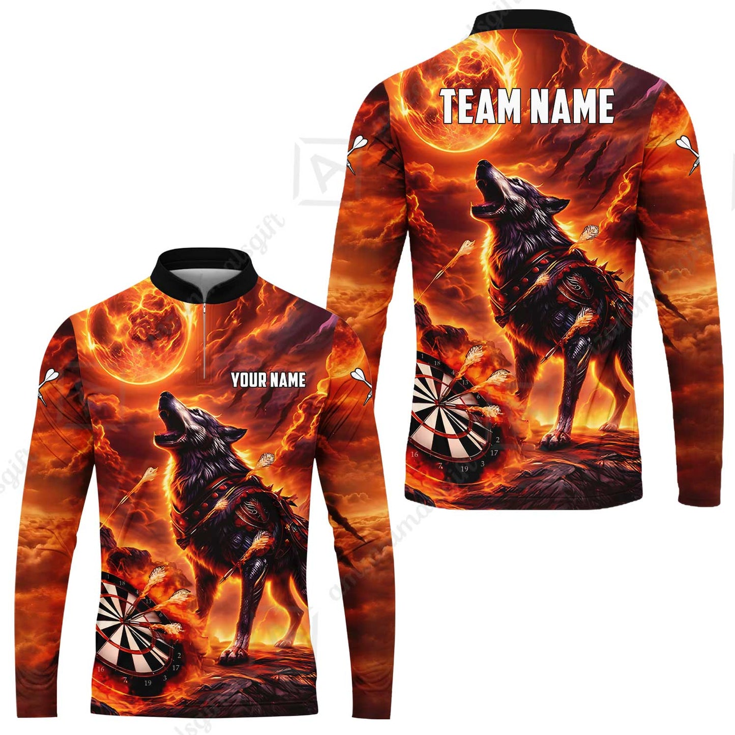 Custom Darts Team Jersey, Personalized Flaming Wolf Jersey Shirt For Players With Name & Team Name