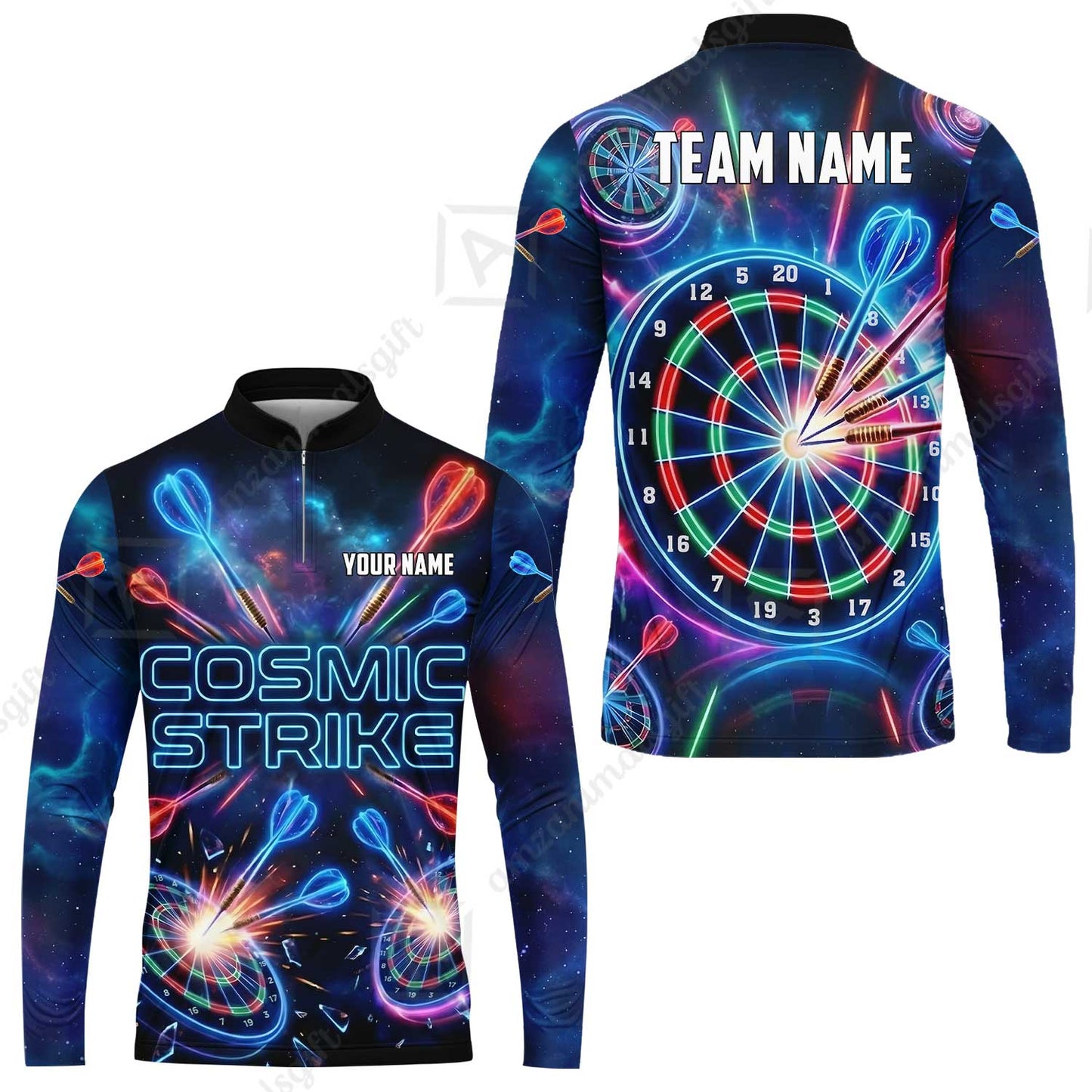 Custom Darts Team Jersey, Personalized Neon Galaxy Strike Darts Polo Shirt For Players With Name & Team Name