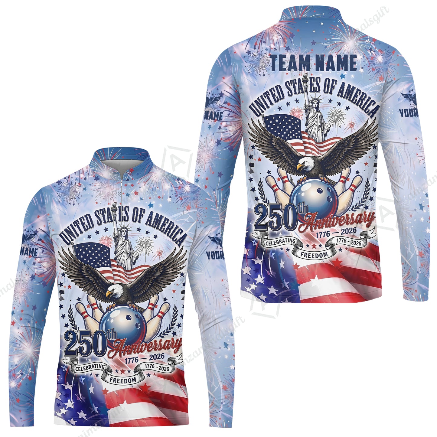 Custom Bowling Jersey Polo Shirt, 250 Years Anniversary USA, Personalize Name and Team Name