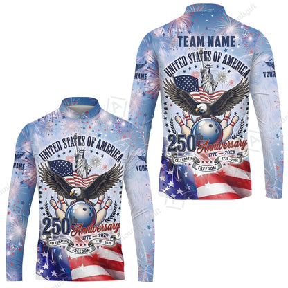 Custom Bowling Jersey Polo Shirt, 250 Years Anniversary USA, Personalize Name and Team Name
