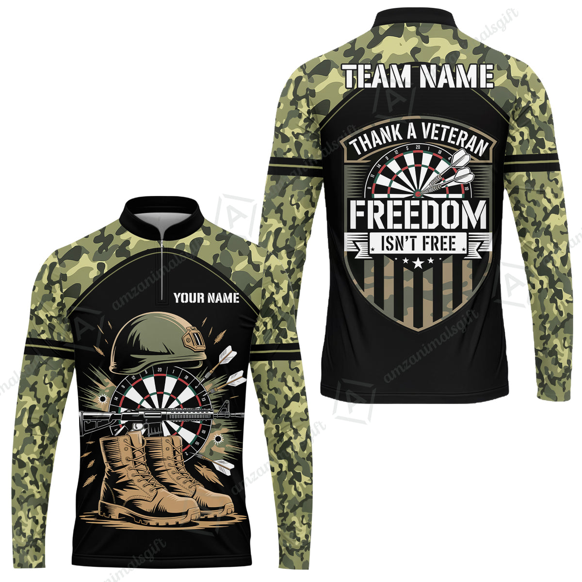 Custom Military Green Camouflage Dartboard Collar Quater-Zip Jersey Team Shirts, Customized Name Team Name Darts Team Jerseys Uniform