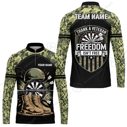 Custom Military Green Camouflage Dartboard Collar Quater-Zip Jersey Team Shirts, Customized Name Team Name Darts Team Jerseys Uniform
