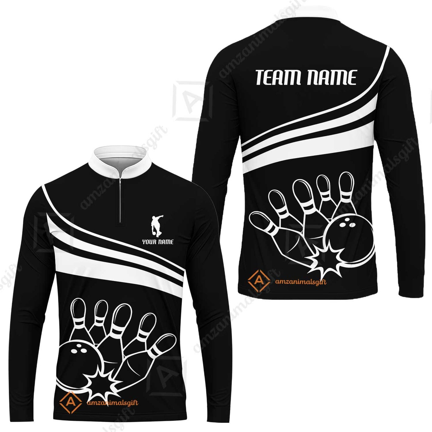 Bowling Customized Jersey Black Shirt White Curve Bowling Tenpin Quarter Zip Shirt, Outfit For Bowlers, Bowling Team