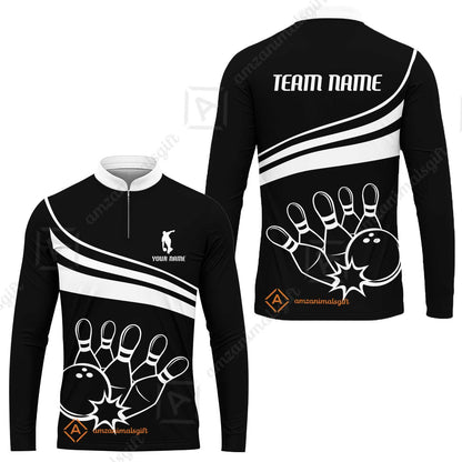 Bowling Customized Jersey Black Shirt White Curve Bowling Tenpin Quarter Zip Shirt, Outfit For Bowlers, Bowling Team