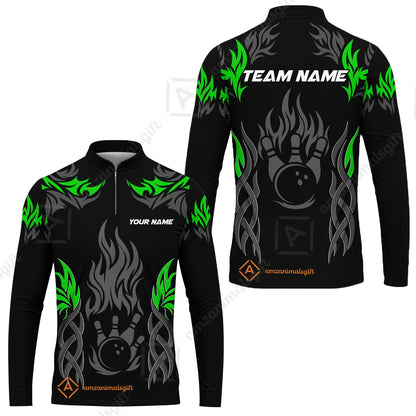 Personalized Bowling Team Long Sleeve Jersey, Tribal And Bowling Flame Multi Option Customized Shirt - Black