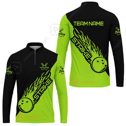 Bowling Customized Jersey Black Green Shirt Strike Ball Bowling Tenpin Quarter Zip Shirt For Bowlers, Bowling Team