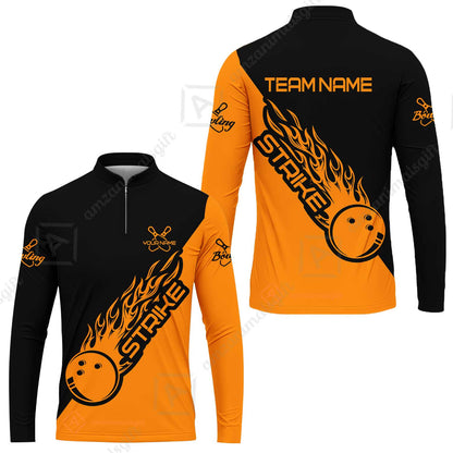 Bowling Customized Jersey Black Orange Shirt Strike Ball Bowling Tenpin Quarter Zip Shirt For Bowlers, Bowling Team
