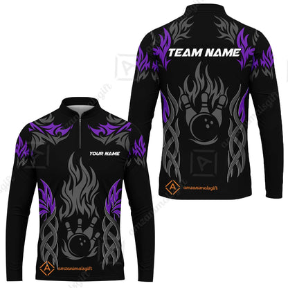 Personalized Bowling Team Long Sleeve Jersey, Tribal And Bowling Flame Multi Option Customized Shirt - Black