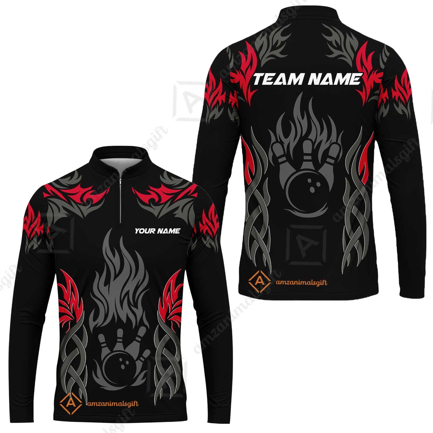 Personalized Bowling Team Long Sleeve Jersey, Tribal And Bowling Flame Multi Option Customized Shirt - Black