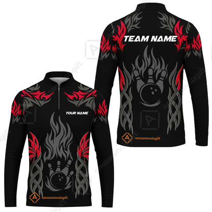 Personalized Bowling Team Long Sleeve Jersey, Tribal And Bowling Flame Multi Option Customized Shirt - Black