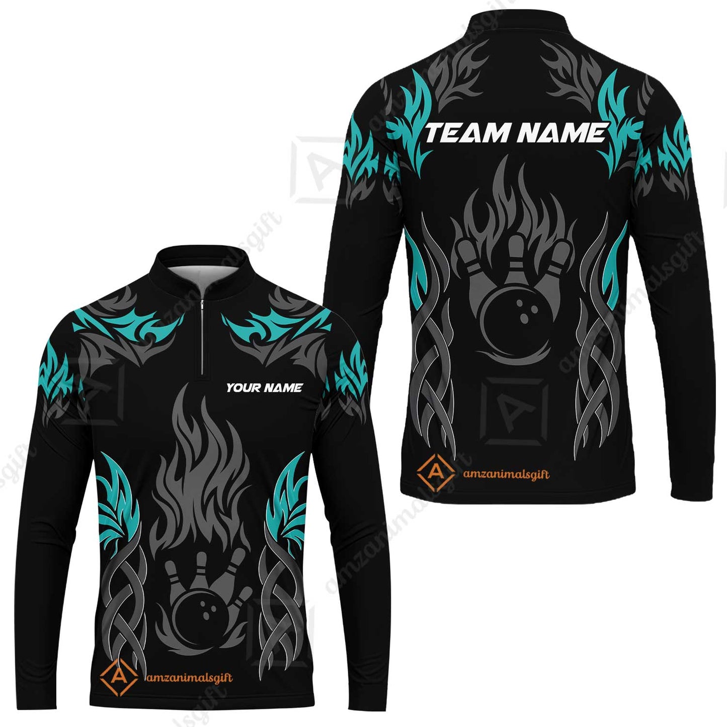 Personalized Bowling Team Long Sleeve Jersey, Tribal And Bowling Flame Multi Option Customized Shirt - Black
