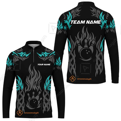 Personalized Bowling Team Long Sleeve Jersey, Tribal And Bowling Flame Multi Option Customized Shirt - Black