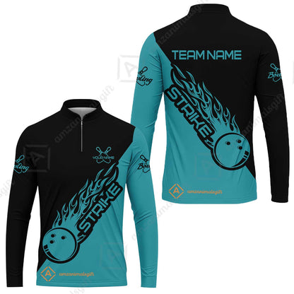 Bowling Customized Jersey Black Turquoise Shirt Strike Ball Bowling Tenpin Quarter Zip Shirt For Bowlers, Bowling Team