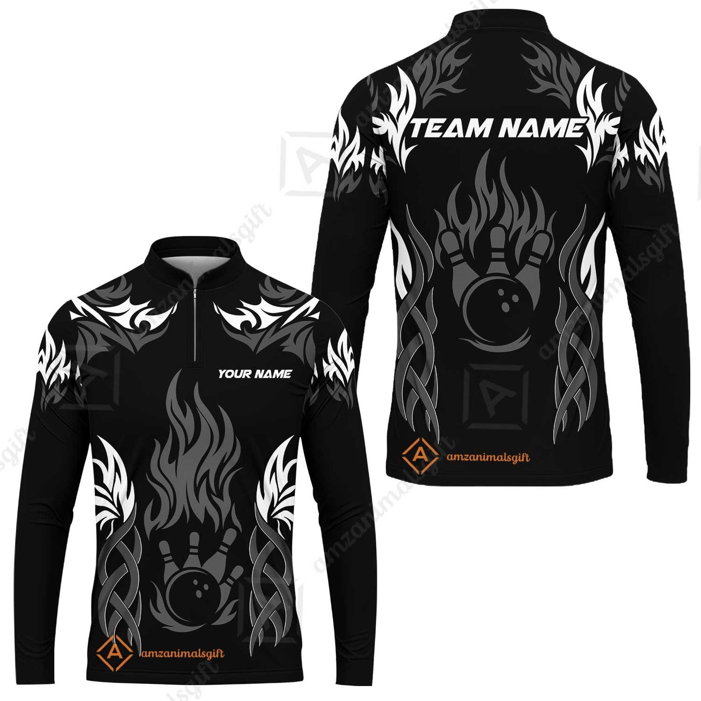 Personalized Bowling Team Long Sleeve Jersey, Tribal And Bowling Flame Multi Option Customized Shirt - Black