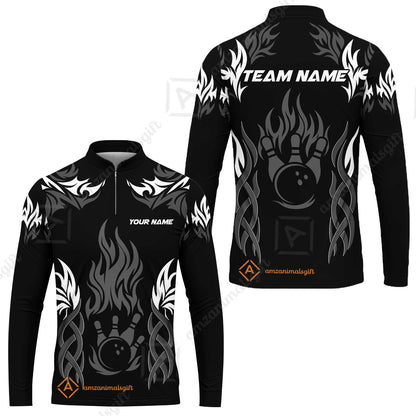Personalized Bowling Team Long Sleeve Jersey, Tribal And Bowling Flame Multi Option Customized Shirt - Black