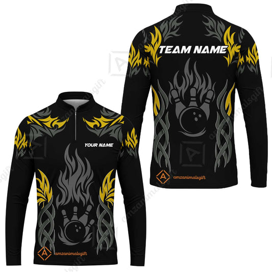 Personalized Bowling Team Long Sleeve Jersey, Tribal And Bowling Flame Multi Option Customized Shirt - Black