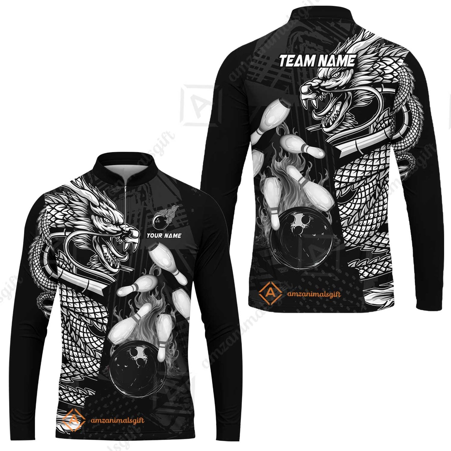Custom Bowling Team Jerseys Polo Shirts, Bowling uniforms Bowling & Pins Dragon Flame Fire Multicolor Options Personalized Name And Team Name