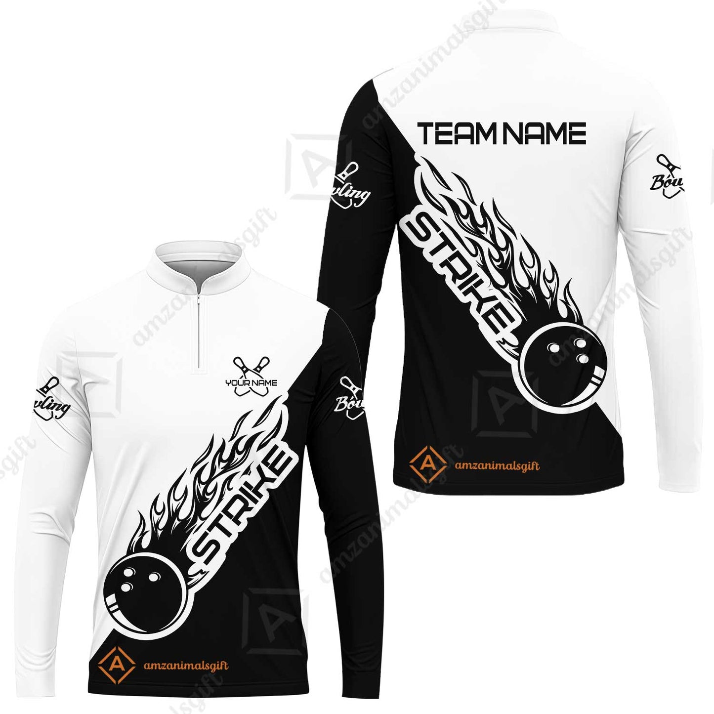 Bowling Customized Jersey Black White Shirt Strike Ball Bowling Tenpin Quarter Zip Shirt For Bowlers, Bowling Team