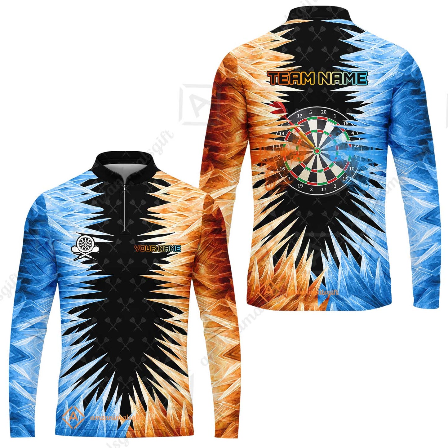 Customized Darts Long Sleeve Jersey, Darts Dartboard Ice And Fire Multicolor Custom Darts Long Sleeve Jersey Team Jersey For Darts Players