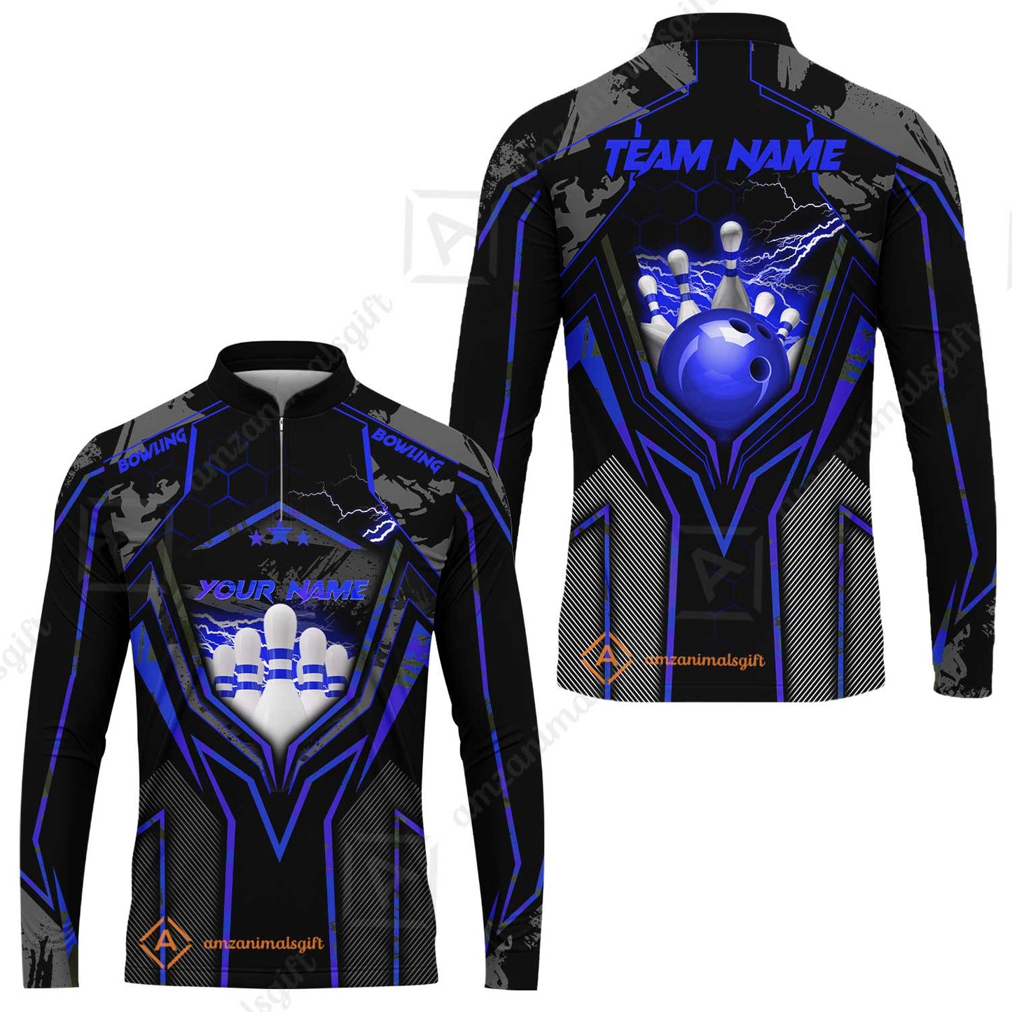 Customized Bowling Jersey, Bowling And Pins Abstract Grunge Texture X Multicolor Option Customized Name And Team Name Zipper Polo Jerseys Shirts