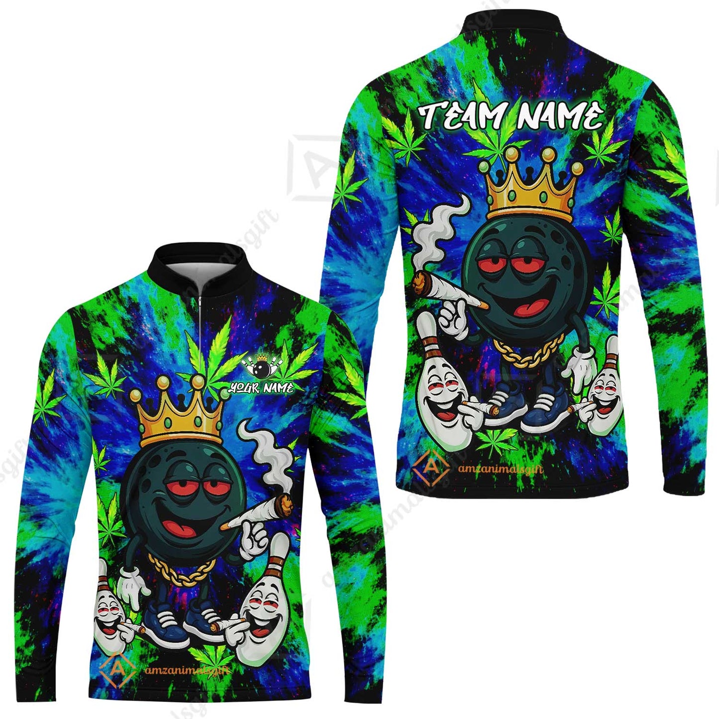 Custom Bowling Team Flat Neck Zip Jersey Shirt, King Smoke Tie-Dye Personalized Team Shirt, Custom Name and Team Name for Bowlers