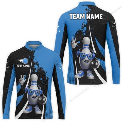 Customized Bowling Unisex Polo Shirt, Halftone Bowling Pin Wearing Headphones Sunglasses, Personalized Name And Team Name