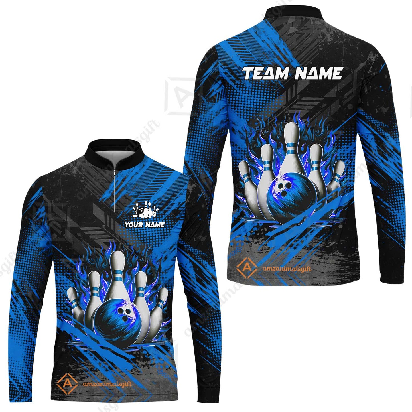 Custom Bowling Team Quarter-Zip Polo Shirt, Personalized Flame Bowling Jersey with Name & Team Name for Men & Women