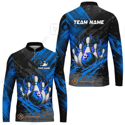 Custom Bowling Team Quarter-Zip Polo Shirt, Personalized Flame Bowling Jersey with Name & Team Name for Men & Women
