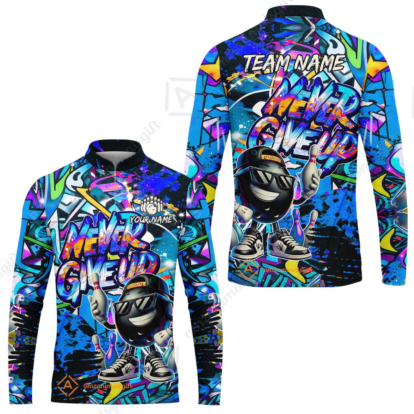 Customized Bowling Unisex Polo Shirt, Graffiti Bowling Funny Never Give Up Bowling Uniform, Personalized Name And Team Name