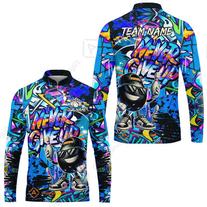 Customized Bowling Unisex Polo Shirt, Graffiti Bowling Funny Never Give Up Bowling Uniform, Personalized Name And Team Name